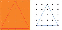 Two triangles: one on a graph, one on a dot matrix. Both have bases 4 units wide and are 4 units tall.