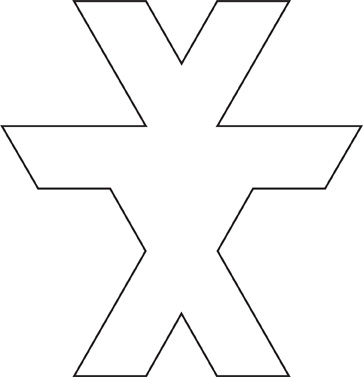 The outline of a shape that looks like a person with the letter V for a head. Its 2 halves are mirror images.