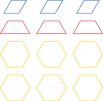 A group of shapes: rhombus, rhombus, rhombus, trapezoid, trapezoid, trapezoid, hexagon, hexagon, hexagon, hexagon, hexagon, hexagon.