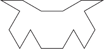 The outline of a shape with 3 parts: a base, a left wing, and a right wing. Its 2 halves are mirror images.