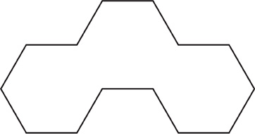 The outline of a shape with 3 parts: a hexagonal base with a hexagon attached to each its lower-right and lower-left hand side.