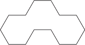 The outline of a shape with 3 parts: a hexagonal base with a hexagon attached to its lower-right and lower-left hand side.