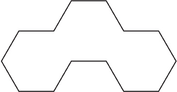 The outline of a shape with 3 parts: a hexagonal base with a hexagon attached to its lower-right and lower-left hand side.