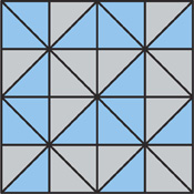 A 4 by 4 grid of squares represents a quilt pattern. Each square is split in half diagonally, forming triangles. Some triangles are shaded, some are not.
