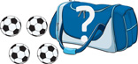 A duffel bag with soccer balls. Outside the bag: soccer ball, soccer ball, soccer ball, soccer ball.
