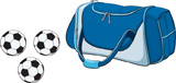 A duffel bag with soccer balls. Outside the bag: soccer ball, soccer ball, soccer ball.
