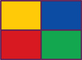 A rectangle with a line through the center from the top to the bottom, and another line through the center from the left to the right. The lines create 4 equal parts. Each part is a different color.