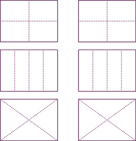 Six rectangles, each divided into 4 equal parts.