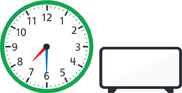 A clock with the hour hand pointing between “7” and “8” and the minute hand pointing to “6.” A blank digital clock.