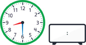 A clock with the hour hand pointing between “8” and “9” and the minute hand pointing to “6.” A blank digital clock.