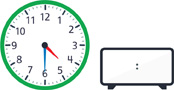 A clock with the hour hand pointing between “4” and “5” and the minute hand pointing to “6.” A blank digital clock.