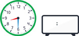 A clock showing the hour hand pointing between “8” and “9” and the minute hand pointing to “6.” A blank digital clock.
