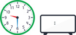 A clock showing the hour hand pointing between “9” and “10” and the minute hand pointing to “6.” A blank digital clock.