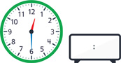 A clock with the hour hand pointing between “12” and “1” and the minute hand pointing to “6.” A blank digital clock.