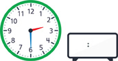 A clock with the hour hand pointing between “2” and “3” and the minute hand pointing to “6.” A blank digital clock.