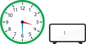 A clock with the hour hand pointing between “3” and “4” and the minute hand pointing to “6.” A blank digital clock.
