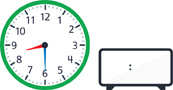 A clock with the hour hand pointing between “8” and “9” and the minute hand pointing to “6.” A blank digital clock.