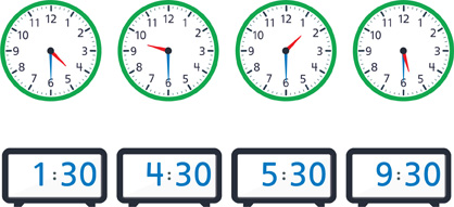 A row of 4 analog clocks and a row of 4 digital clocks.