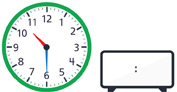 A clock with the hour hand pointing between “10” and “11” and the minute hand pointing to “6.” A blank digital clock.