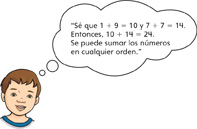 Un niño piensa: “Sé que 1+9=10 y 7+7=14. Entonces, 10 +14=24. Se puede sumar los números en cualquier orden.”