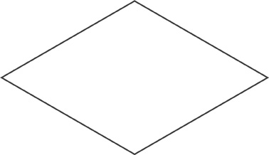Hay una figura de 4 lados iguales. Las esquinas izquierda y derecha tienen el mismo ángulo. Las esquinas superior e inferior tienen el mismo ángulo.
