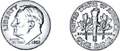 Hay los dos lados de una moneda de 10 centavos. Uno de los lados tiene una cabeza y el otro tiene una antorcha y dos ramas.