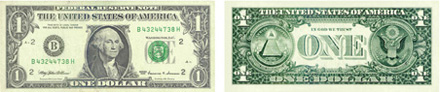 Hay los dos lados de un billete de 1 dólar. Uno de los lados tiene una cabeza en el centro y el número 1 en cada esquina. El otro lado tiene una pirámide, un águila, la palabra “uno” en el centro y el número 1 en cada esquina.