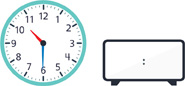 Hay un reloj con la manecilla de la hora apuntando entre el “10” y el “11” y el minutero apuntando al ”6”. Hay un reloj digital en blanco.