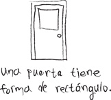 Hay un dibujo de una puerta. Hay un texto escrito a mano que dice: “Una puerta tiene forma de rectángulo”.