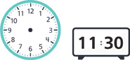 Hay un reloj sin manecillas y un reloj digital que dice “11:30”.