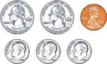 Hay un grupo de monedas: moneda de 25 centavos, moneda de 25 centavos, moneda de 1 centavo, moneda de 10 centavos, moneda de 10 entavos, moneda de 10 centavos.