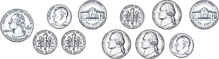 Hay un grupo de monedas: moneda de 25 centavos, moneda de 10 centavos, moneda de 10 centavos, moneda de 10 centavos, moneda de 5 centavos, moneda de 5 centavos, moneda de 10 centavos, moneda de 5 centavos.