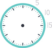 Hay un reloj sin manecillas. El primer conjunto de 5 minutos está rotulado “5”. El segundo conjunto de 5 minutos está rotulado “10”. El tercer conjunto de 5 minutos está rotulado “15”.