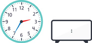 Hay un reloj con la manecilla de la hora apuntando entre el “2” y el “3” y el minutero apuntando al “7”. Hay un reloj digital en blanco.