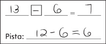 Hay tarjeta con un texto escrito a mano que dice: 13–6=7. Pista: 12–6=6.