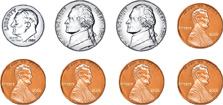 Hay un conjunto de 8 monedas: moneda de 10 centavos, moneda de 5 centavos, moneda de 5 centavos, moneda de 1 centavo, moneda de 1 centavo, moneda de 1 centavo, moneda de 1 centavo, moneda de 1 centavo.