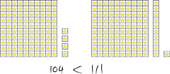 Hay dos grupos de tableros de 100, torres de diez cubos y cubos sueltos con una ecuación escrita a mano abajo.