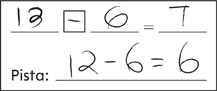 Hay una tarjeta con un texto escrito a mano que dice: 13–6=7. Pista: 12–6=6.