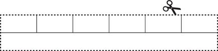 Hay una herramienta de medición con 2 filas. La fila de arriba está dividida en 6 rectángulos iguales. La fila de abajo no está dividida. Una línea puntada rodea la herramienta. Hay una tijera arriba de la línea punteada.