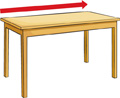 Hay una mesa con una flecha que marca el lado largo del tablero de la mesa.