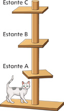 Hay un gato escalando una torre con 3 estantes. El Estante A es el estante de abajo, el Estante B es el del medio y el Estante C es el de arriba.