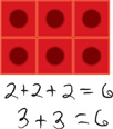 Hay una matriz con 2 filas de 3 cubos. Hay un texto escrito a mano que dice: 2+2+2=6. 3+3=6.