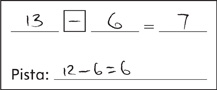 Hay una tarjeta con texto escrito a mano. El texto dice: 13–6=7. Pista: 12–6=6.