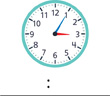 Hay un reloj con la manecilla de la hora apuntando al “3” y el minutero apuntando al “1”.