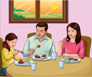 Hay una imagen de una familia cenando. Por la ventana se ve el sol cayendo.