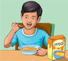 Hay una imagen de un niño comiendo cereales.