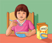 Hay una imagen de una niña comiendo cereales.