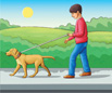 Hay una imagen de un niño paseando a un perro mientras que el sol está bajo en el cielo.