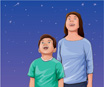 Hay una imagen de un niño y una mujer mirando las estrellas en el cielo.