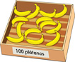 Hay una caja rotulada “100 plátanos”. En la caja: plátano, plátano, plátano, plátano, plátano, plátano, plátano, plátano, plátano, plátano, plátano, plátano, plátano.